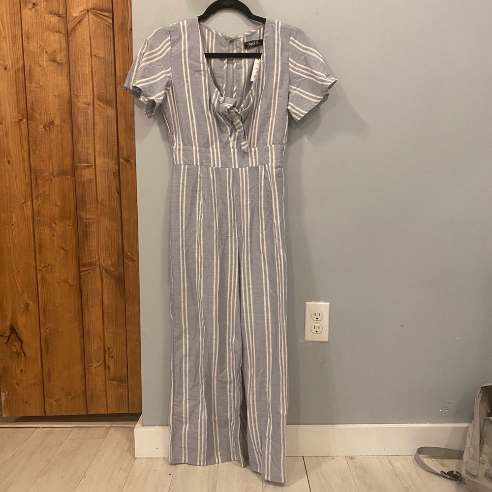 blue striped jumpsuit